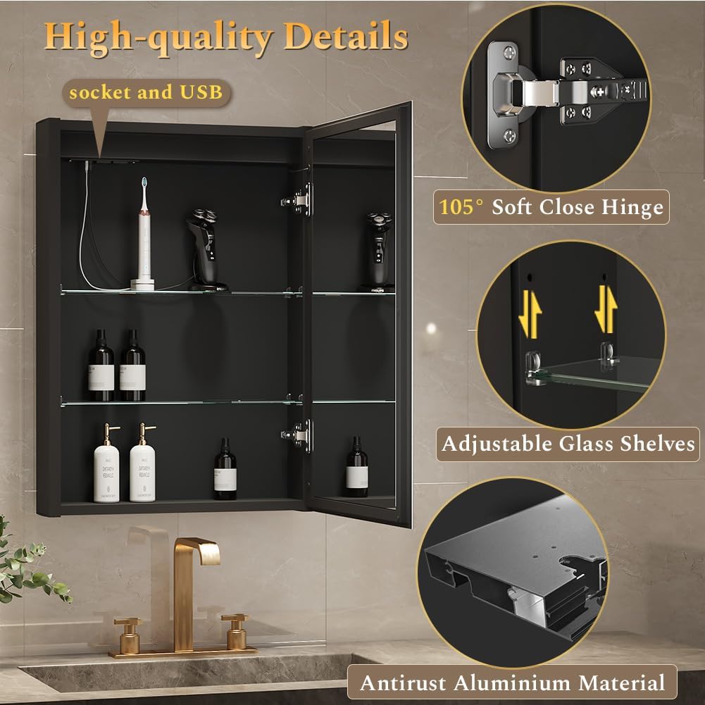 Spliceable Modular LED Lighted Bathroom Medicine Cabinet Mirror with Anti-Fog Aluminum Frame, Adjustable Lighting