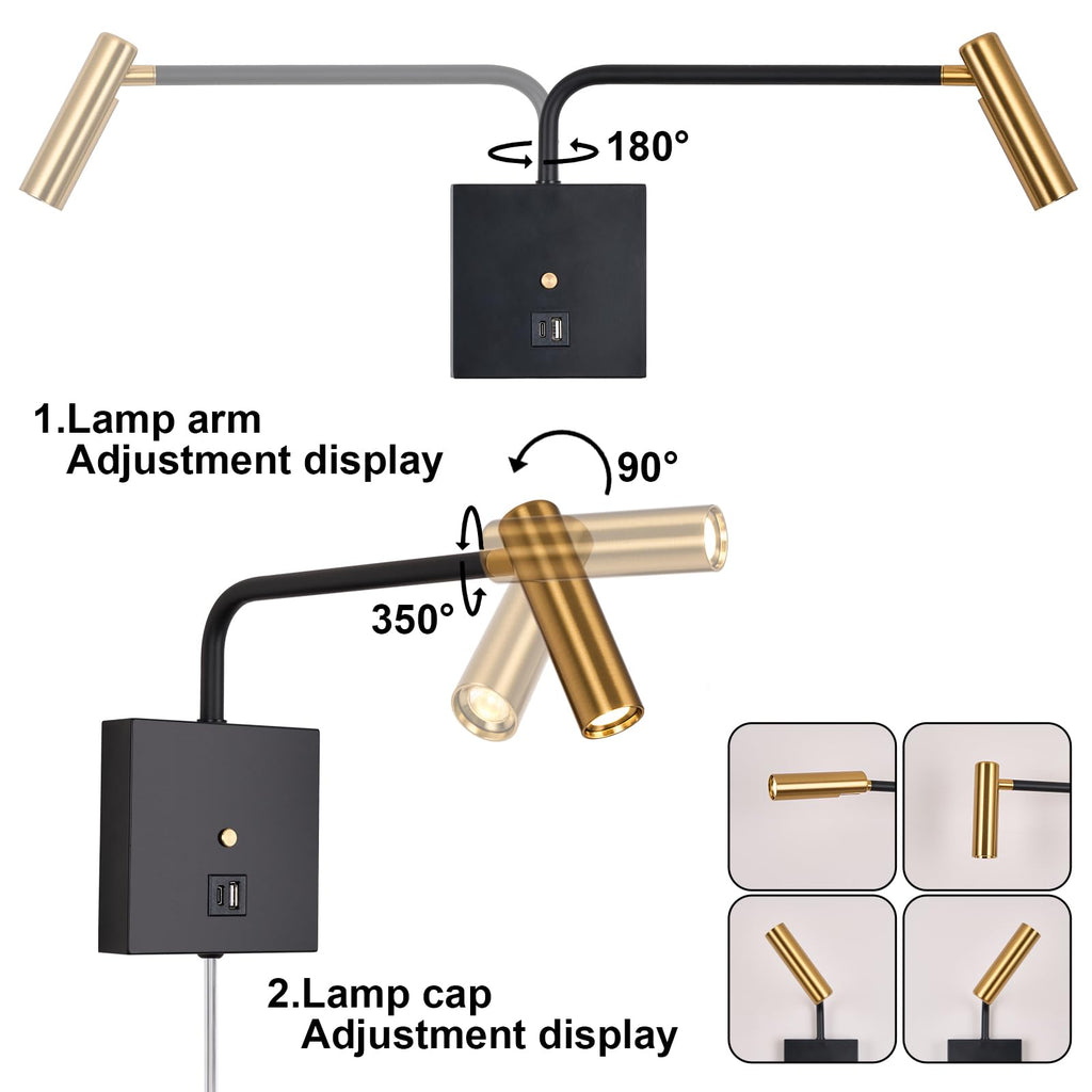 LED Wall Lamp Wall Mounted Reading Lights, Dimmable Adjustable Headboard Plug in Wall Sconce with USB C+A Ports