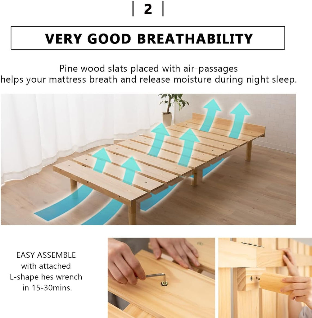 Wood Slatted Floor Bed Frame for Japanese Futon Mattress Solid Pine (Retro-Brown), Height Adjustable