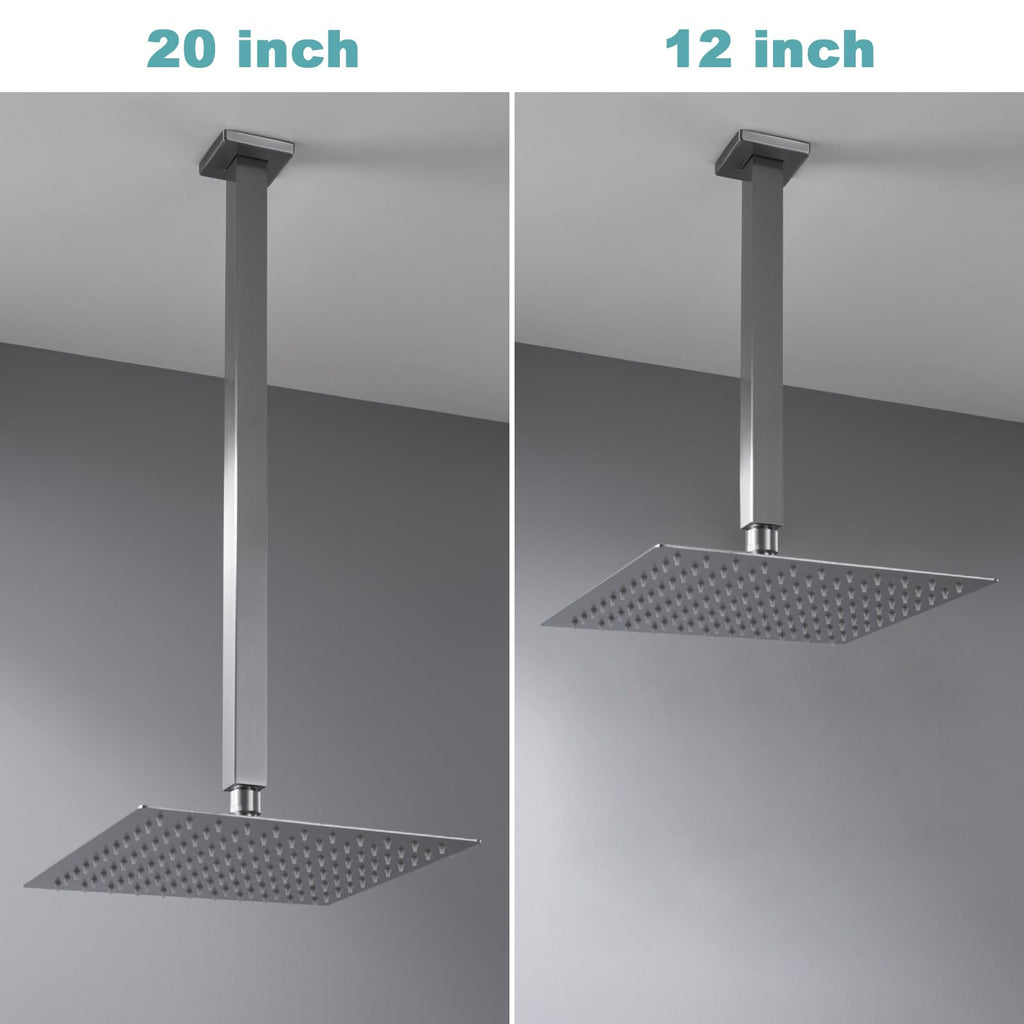 20 Inch Brushed Nickel Ceiling Mount Shower Arm and Flange, Square Rain Shower Arm