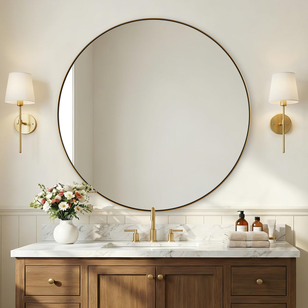 Champagne Bronze Mirror, Large Round Mirrors, 40 Inch Brushed Gold Round Mirror with Anti-Rust Metal Frame, Heavy