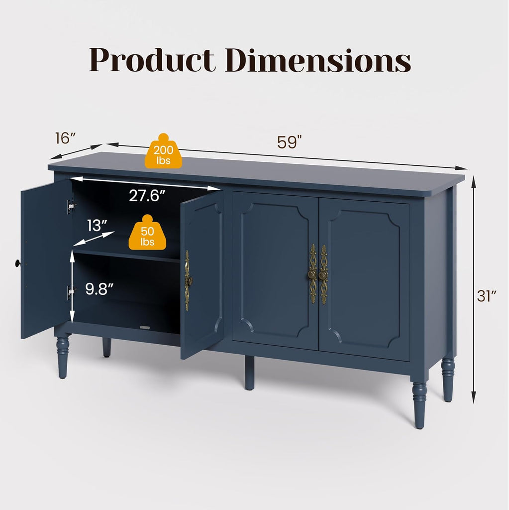 Sideboard Buffet Cabinet with Storage, 59" Mid Century Modern Credenza with 4 Doors, Coffee Bar Wine Bar Storage
