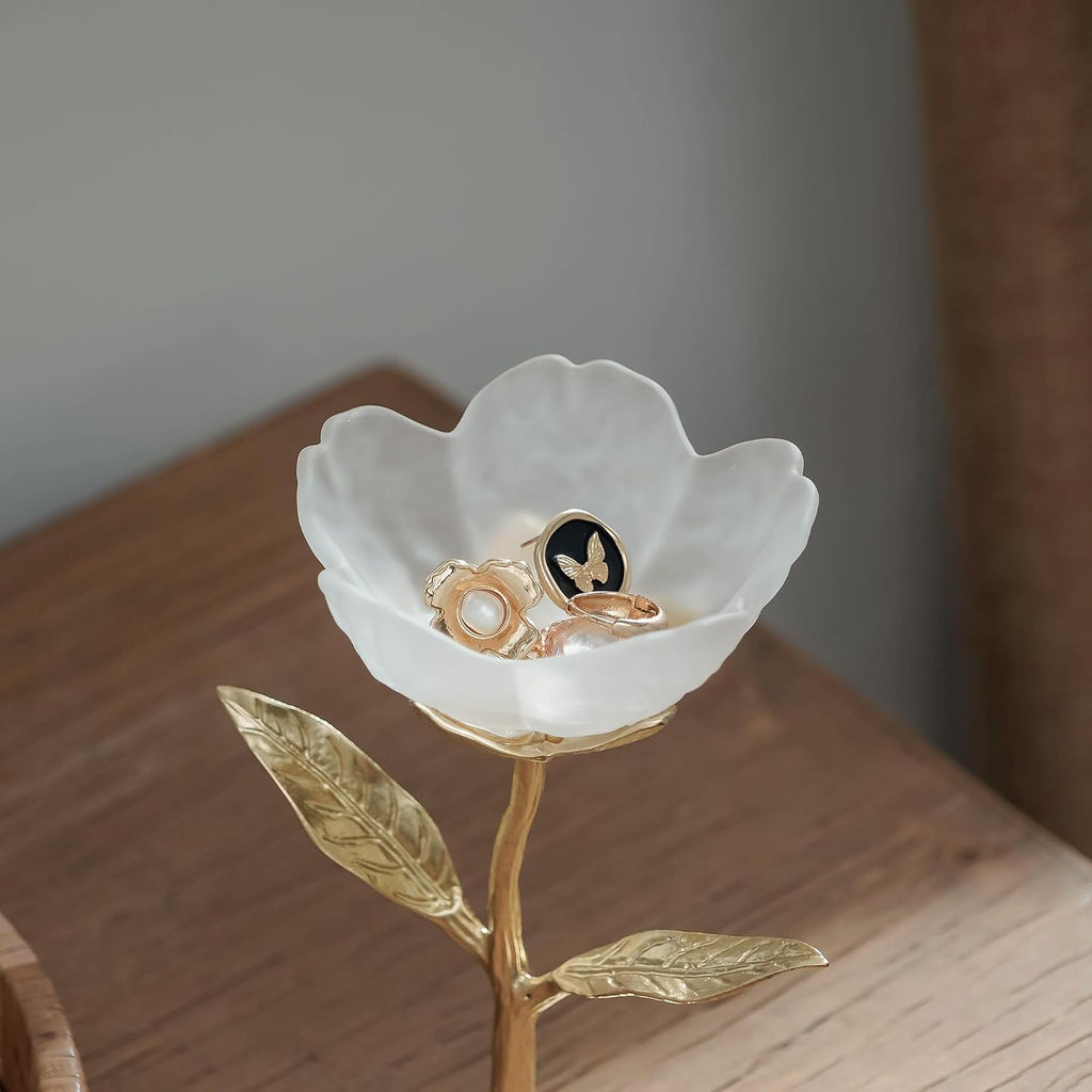 Frosted White Glass Flower Jewelry Tray, Gold Metal Leaf Base, Vanity Catch All for Rings Keys, Vintage Home Decor