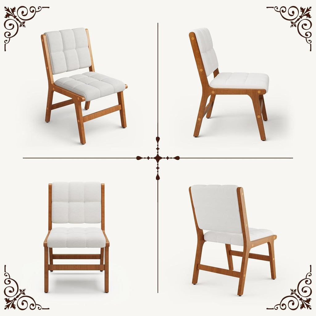 Oak Wooden Dining Chairs Set of 2, Mid-Century Modern Linen Fabric Upholstered Kitchen