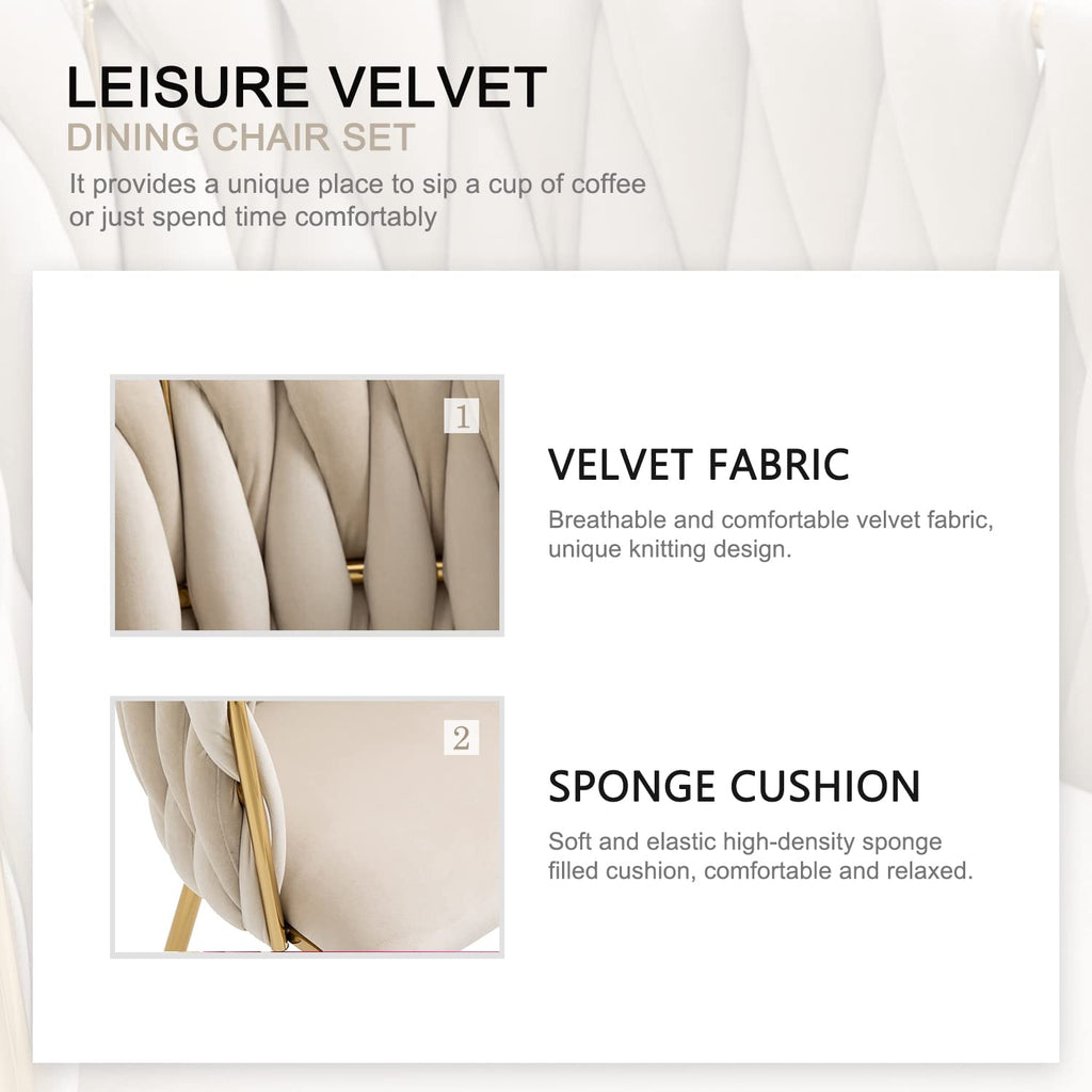Velvet Dining Chairs Set of 4, Woven Upholstered Dining Chairs with Gold Metal Legs, Modern Accent Chairs