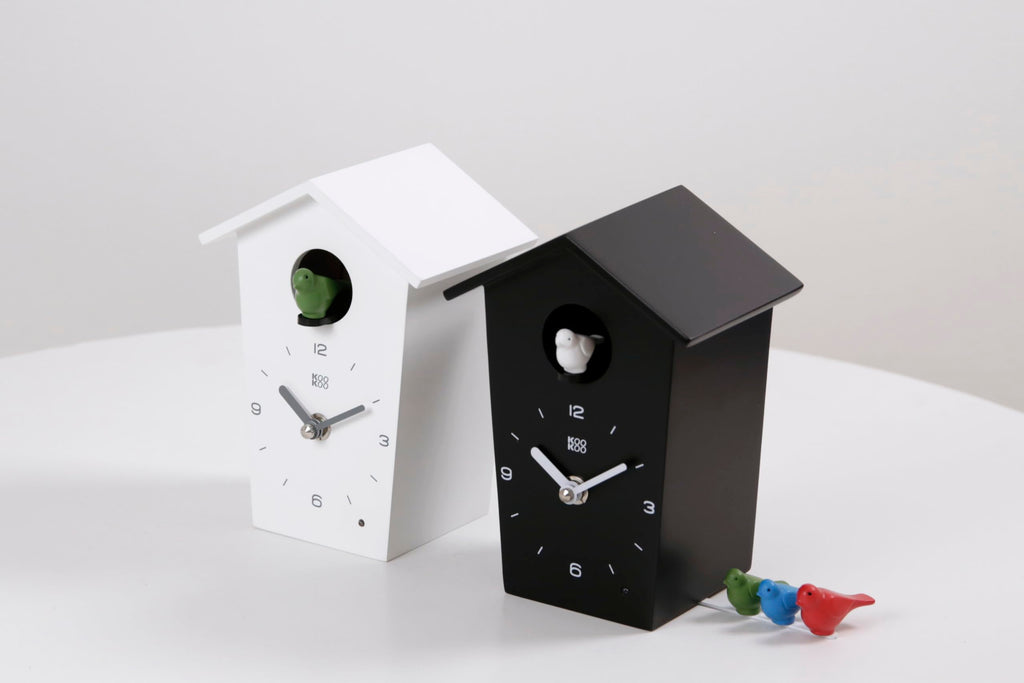 Birdhouse Mini White, Tiny Modern Cuckoo Clock with 12 Natural Bird Songs or Cuckoo Call
