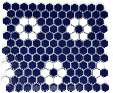 Hexagon Glossy Cobalt Blue with White Flower Pattern Porcelain Mosaic Tile - Wall & Floor Tile for Backsplash