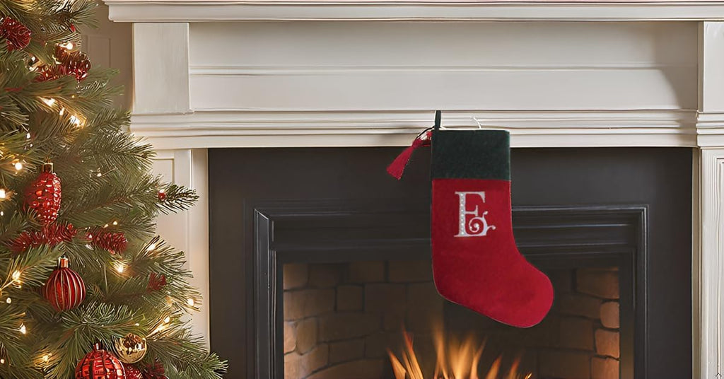 Red and Green Velvet Rhinestone Monogram Christmas Stocking - E
