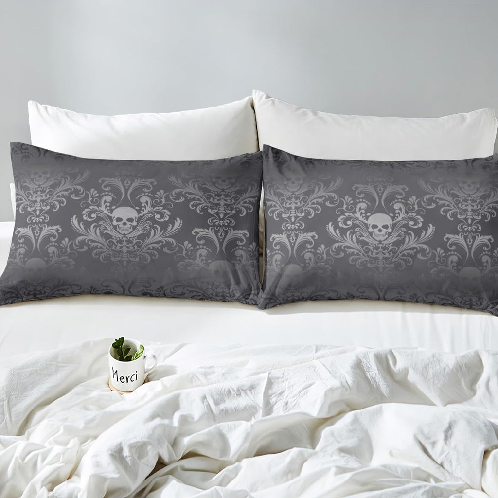 Adults Black Damask Bedding Set Antique Victorian Baroque Duvet Cover King Size, Gothic Vintage Floral Comforter Cover