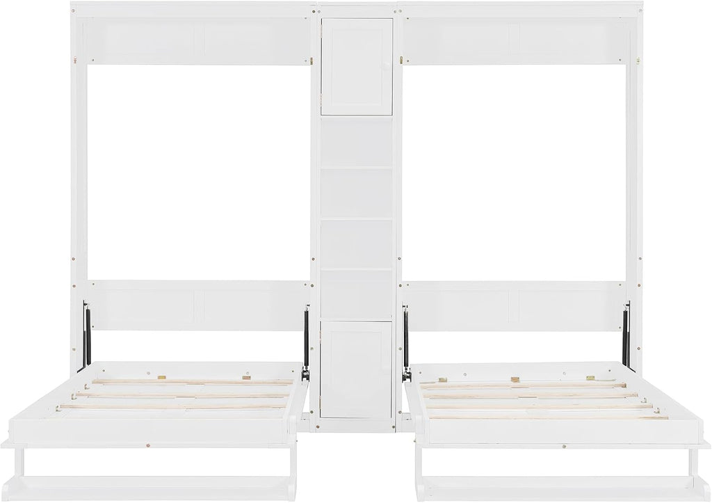 Dual Twin Murphy Bed, Wooden Wall Bed with Cabinets and Shelves, White
