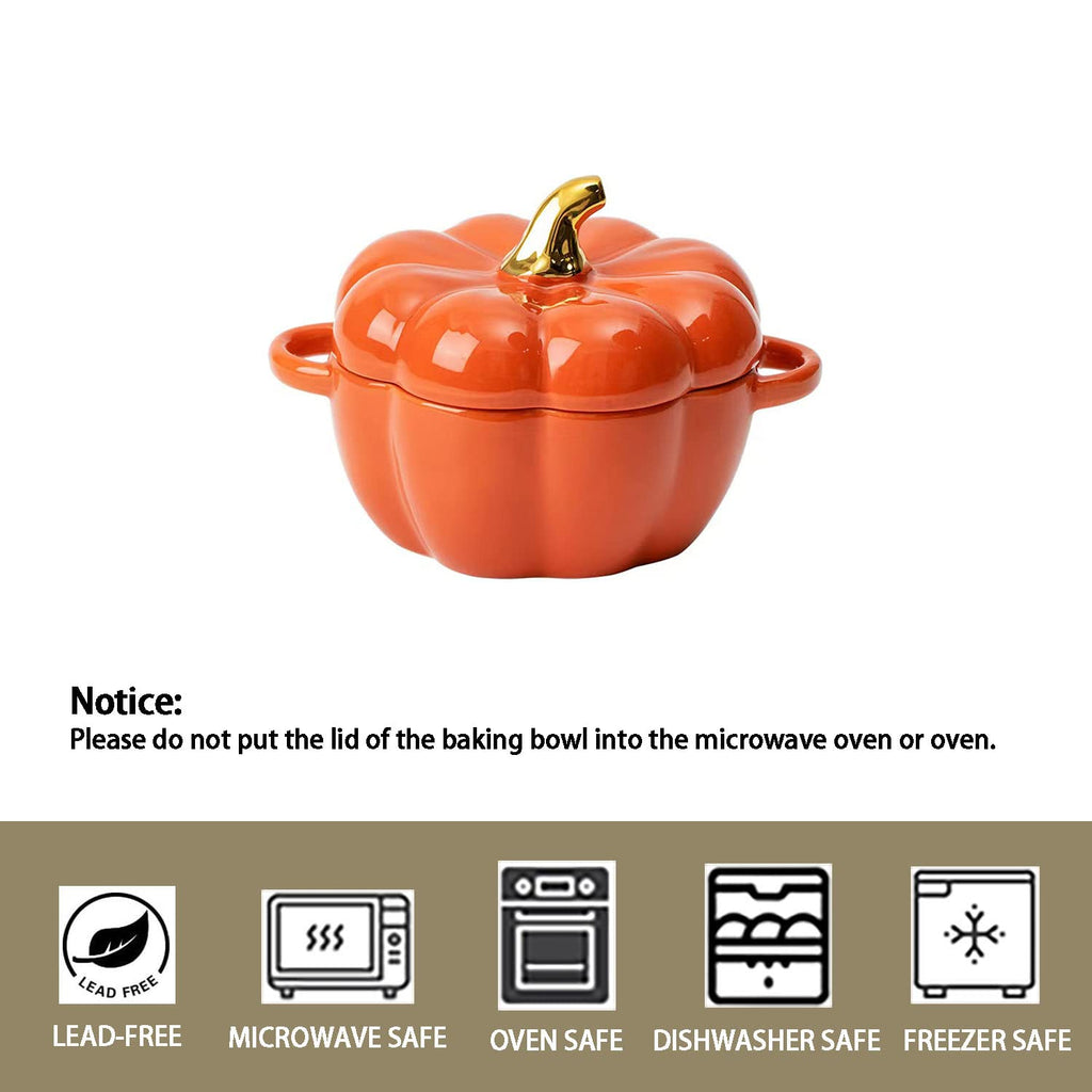 Pumpkin Bowl Set with Lid and Handle, Set of 2 Ceramic Ramekins for Baking, Casserole Dish Individual Severing Pot