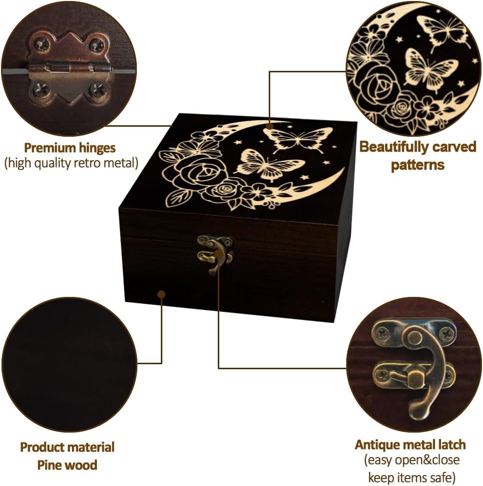 1 Pc Wooden Keepsake Storage Box, Butterfly Flowers Moon Square Pine Memory Box for Anniversary Jewelry Board Storage