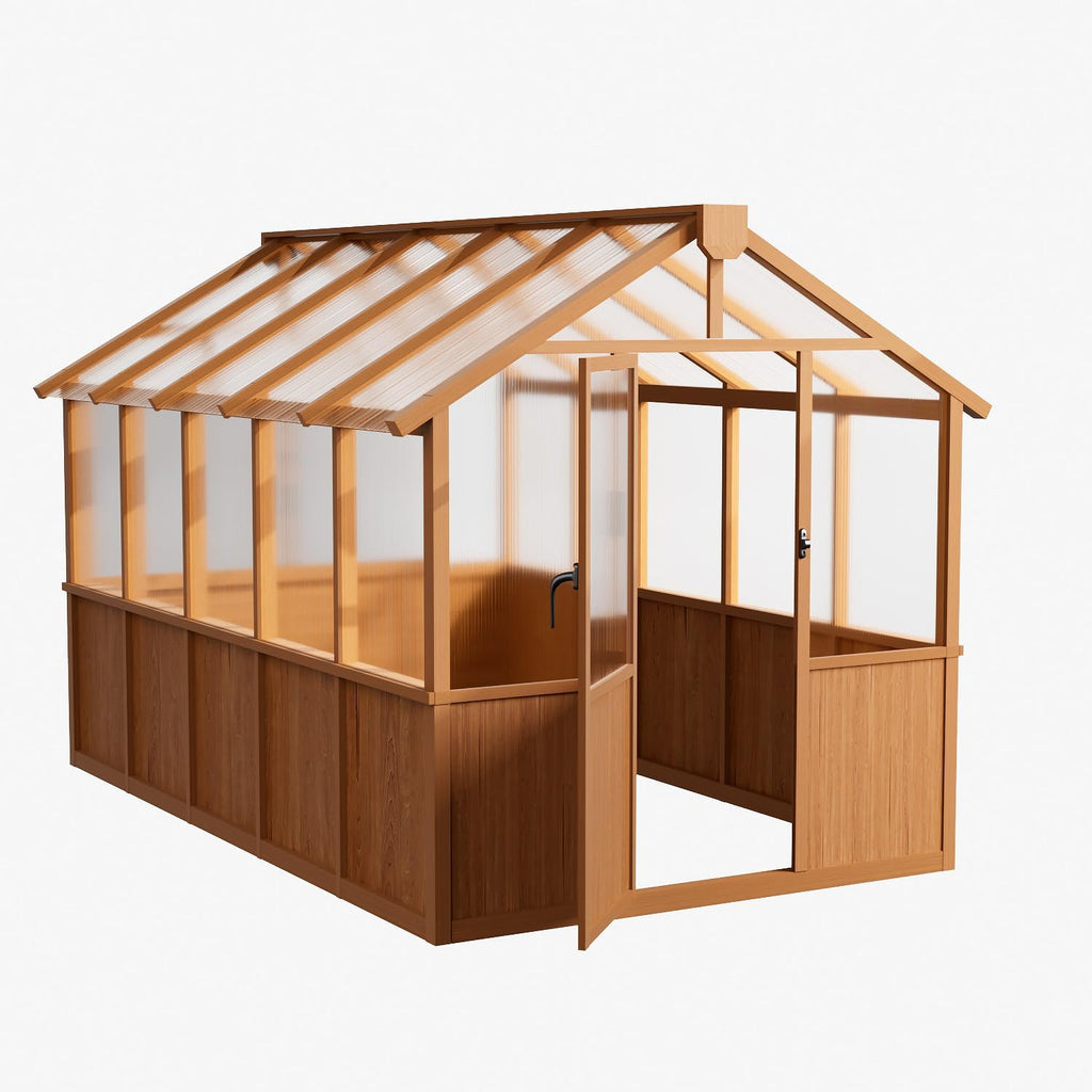 6x10 FT Wooden Greenhouse,Natural Wood Garden House for Plants,Heavy Duty Green House with Polycarbonate Panel
