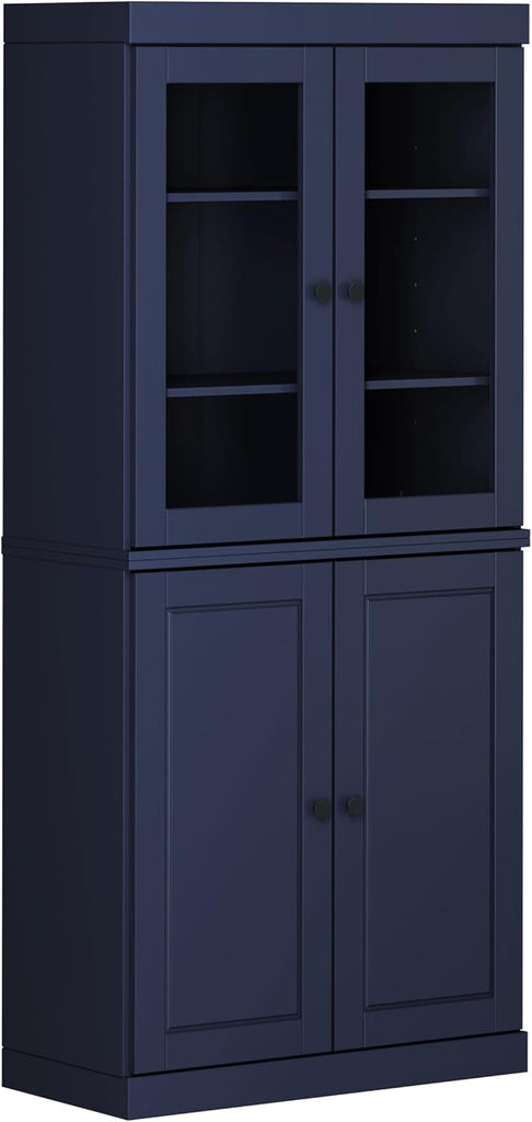 Solid Wood Bookcase - 6-Tier Bookshelf, 71.5" H x 32" W - Navy Blue, Clear Glass Doors & Storage Cabinet, Tall