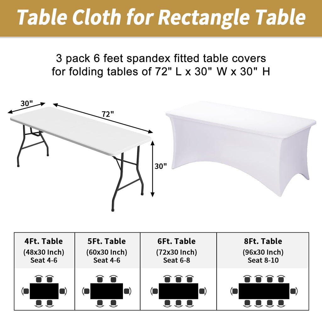 3 Pack 6FT White Tablecloth Rectangle Spandex Fitted Table Cover
