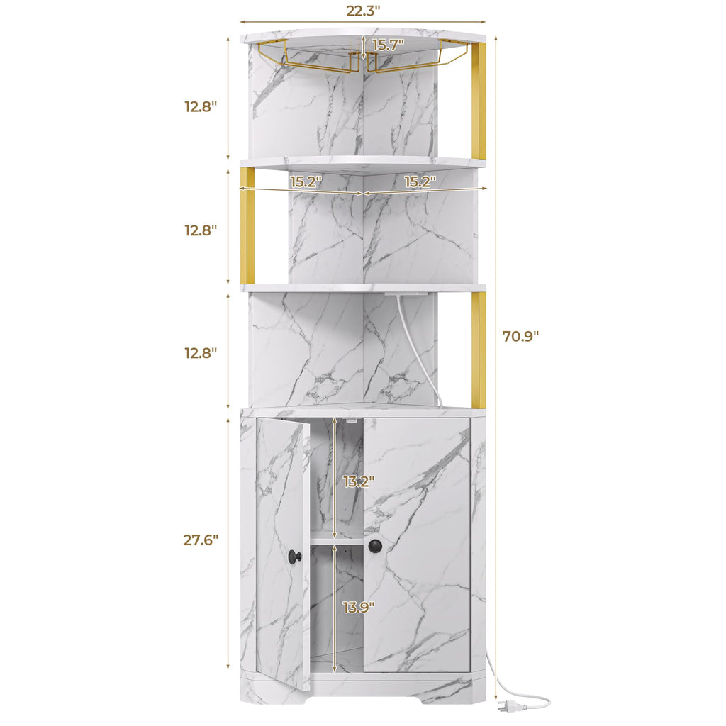 71'' Corner Bar Cabinet with LED Lights, 5-Tier Wine Rack with Power Outlets, Glass Holder and Door, Liquor Cabinet