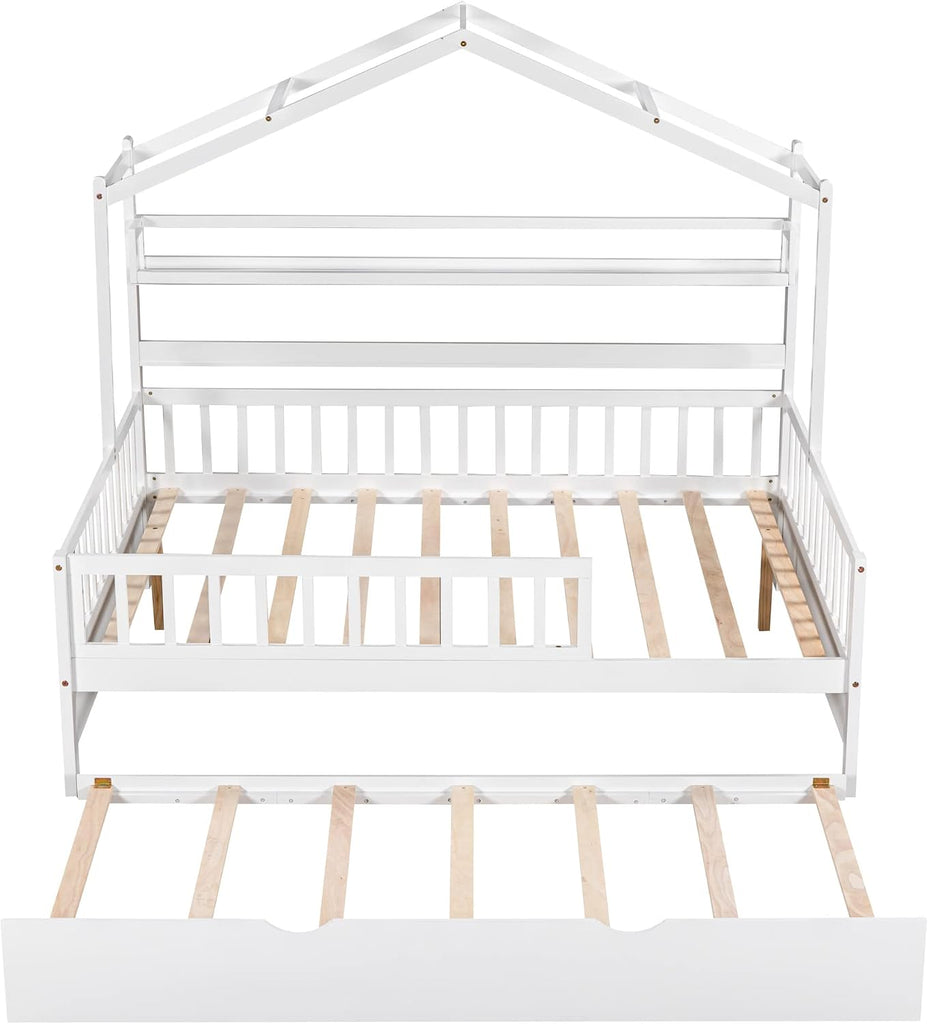 & Bright Designs Wooden Full Size House Bed with Twin Size Trundle,Kids Bed with Shelf, White(Full, White+Trundle)