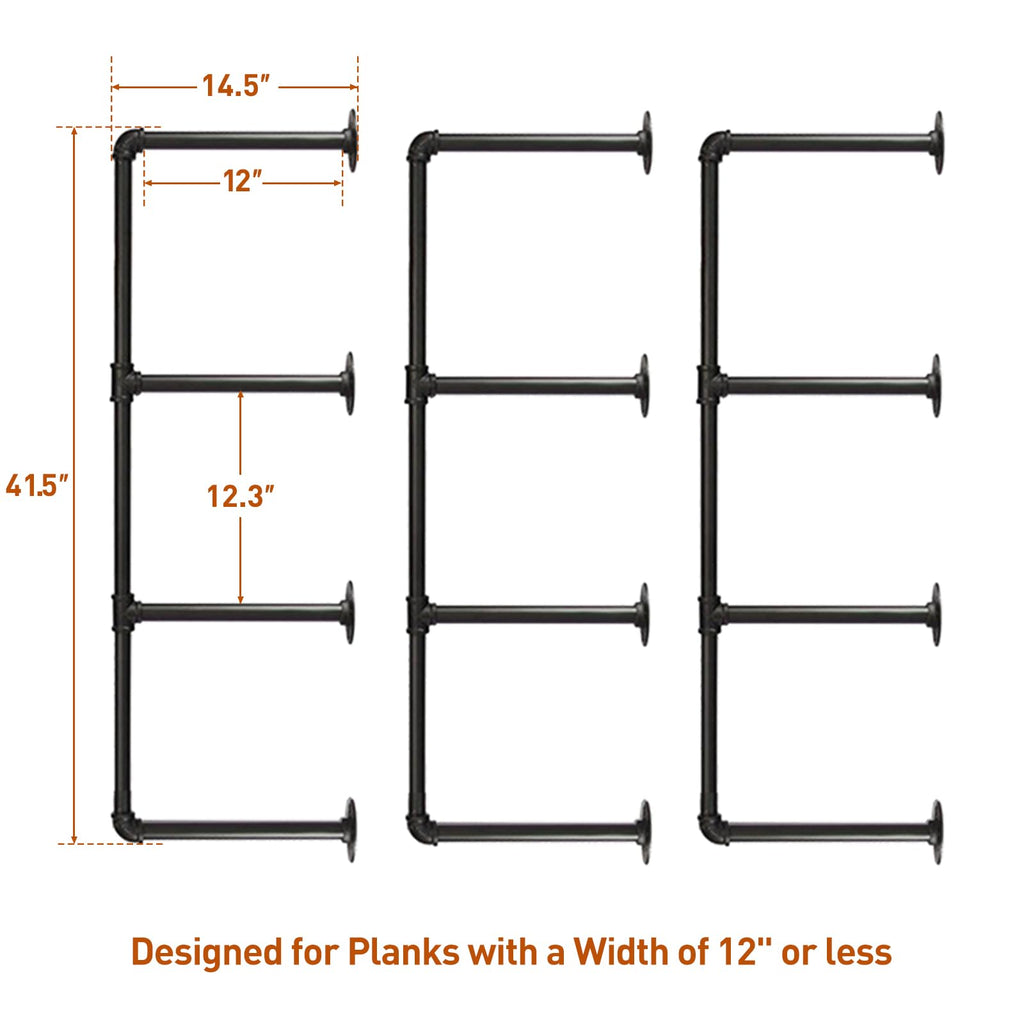 Industrial Iron Pipe Shelves, 3 Set 4-Tier 41.5" Tall 12" Depth, DIY Open Bookshelf Bookcase, Wall Mounted Vintage