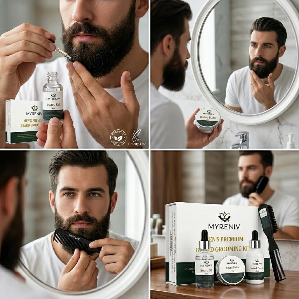 Men's Premium Beard Grooming Kit - Beard Oil, Beard Balm, Beard Wash & Beard Comb - Conditioning & Styling Set for a