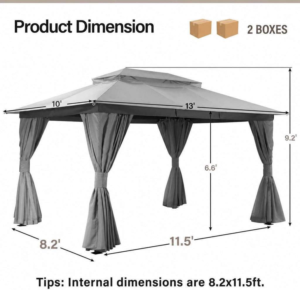 Gazebo 10x13ft, Heavy Duty Patio Gazebo with Expansion Bolts, Party Canopy Tent with Double Roofs