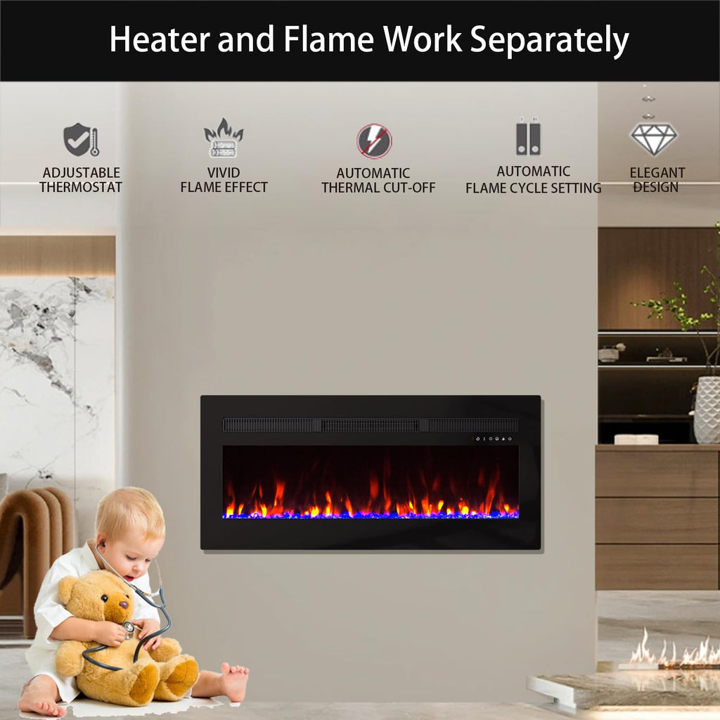 Electric Fireplace Heater Wall Mounted, 50 inch Wide Recessed Electric Fireplace, 1400W, 8H Timer, 20 Color Flame