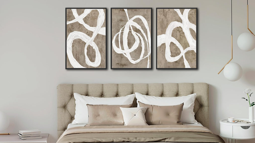 Framed Boho Wall Art Decor - Abstract Brown and White Line Painting Prints 32"x48" Set of 3 Modern Geometric Pictures
