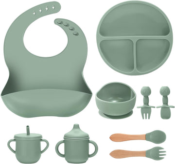 Feeding Set 9 Pcs, Spill-Proof Suction Plate, Bowl, Bib, Silicone spoon&forks, Wooden Spoons&forks, Training cup