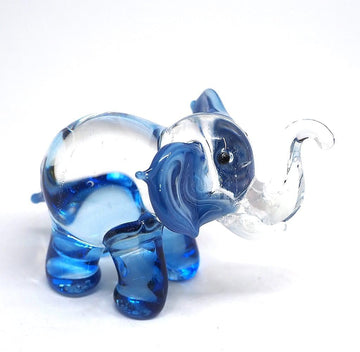 Lucky Elephant Figurines Blue Hand Blown Art Glass Collectible Animal Ornament Gift Decor, 1.5 x 2.5 x 1.8 inches