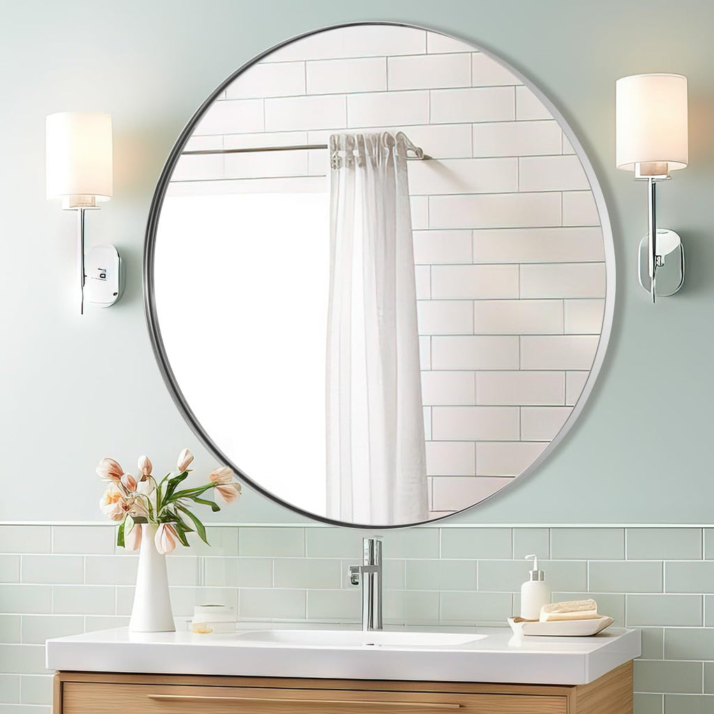Round Chrome Mirror, 30 inch Round Chrome Mirror, Circle Bathroom Mirror in Stainless Steel Metal Frame