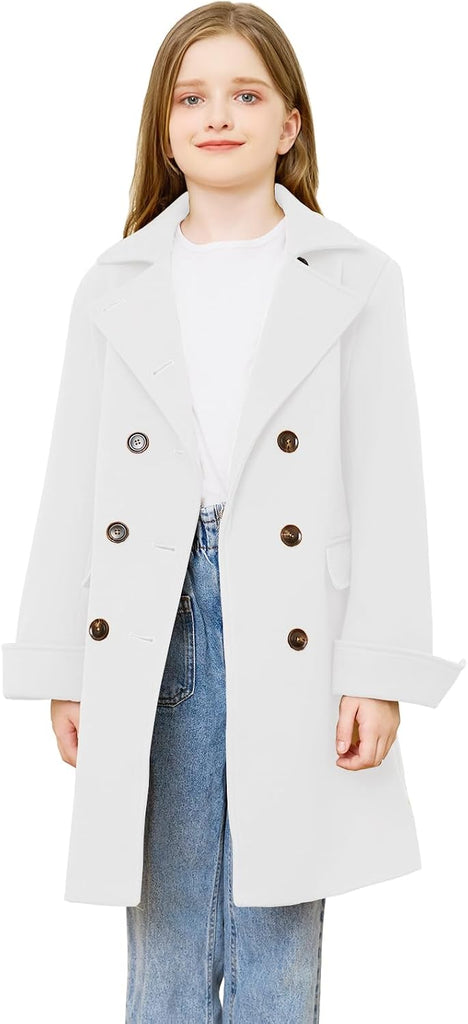 Girls Coat Double Breasted Notched Collar Wool Blend Long Trench Coat Winter Warm Peacoat Dress Coat with Pockets