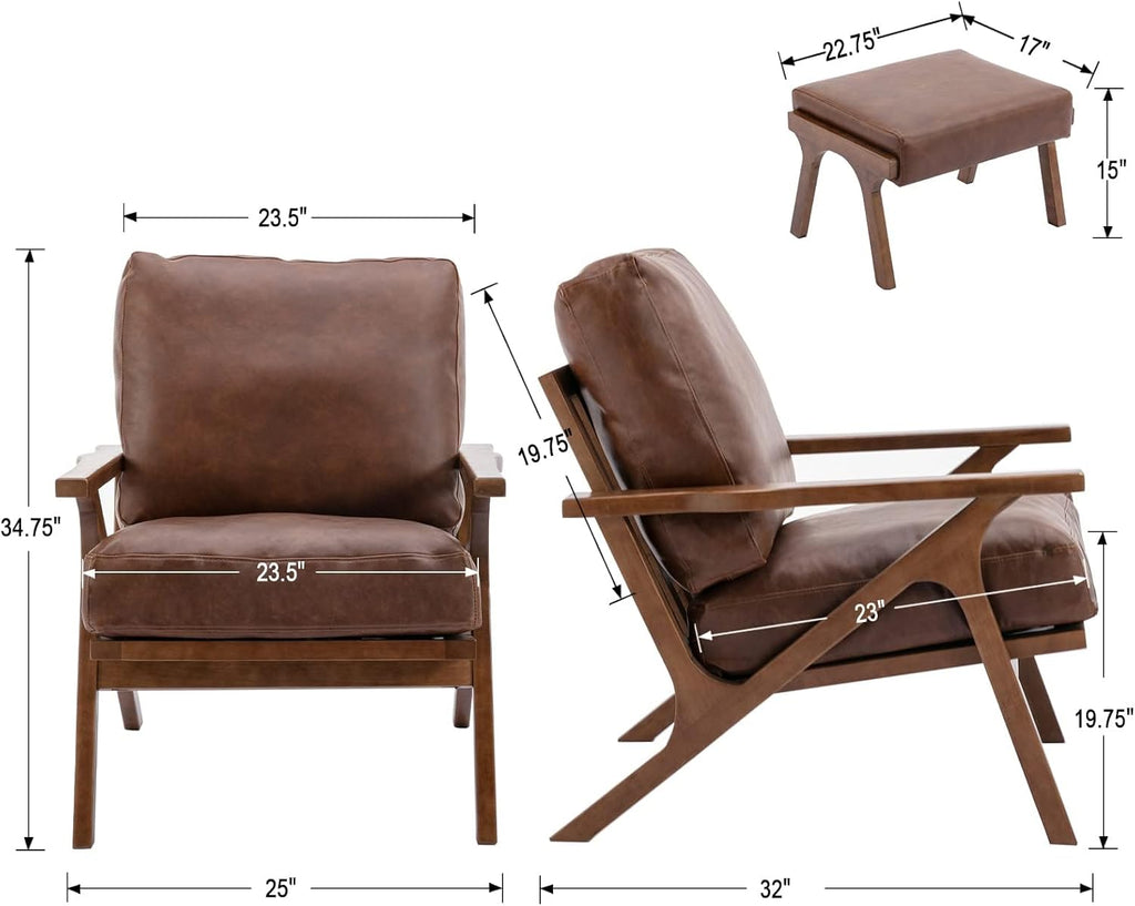 Mid-Century Modern Leather Accent Chair with Ottoman, Upholstered PU Leather Armchair with Solid Wood Frame, Comfy - Set of 2