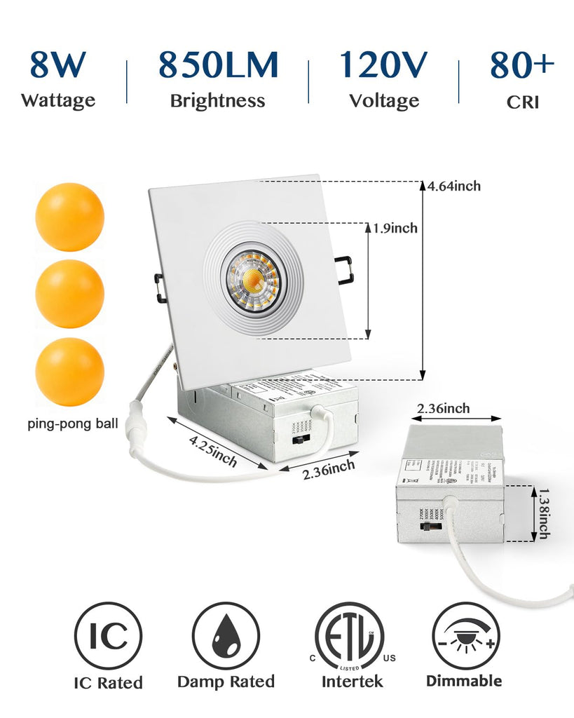 4 Inch 6 Pack Square Recessed Lighting, 8W 5CCT Adjustable Canless Wafer Downlight, 360° Rotatable and 30° Tiltable