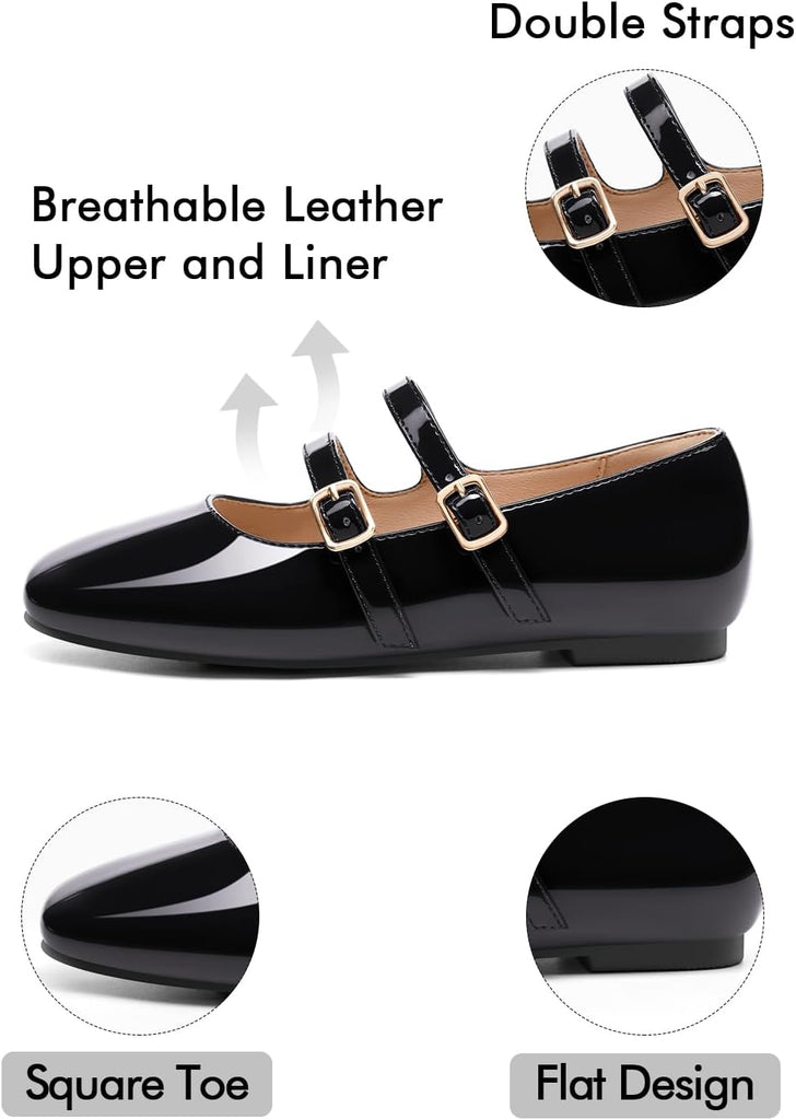 Girls Mary Jane Dress Shoes Square Toe Double Strap Flower Girl Wedding Party Ballet Flats for Toddler/Little/Big Kids