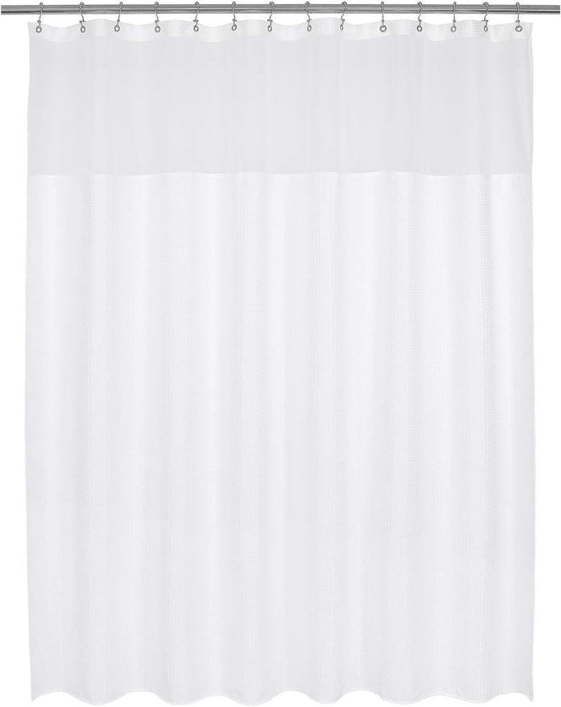 84x78 Large Extra Long and Wide Fabric Shower Curtain White | Sheer Window Top, Waffle Weave, 230GSM Heavyweight