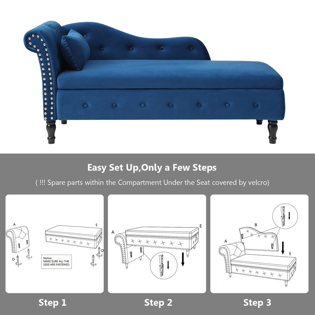 Velvet Indoor Chaise Lounge Chair with Storage Bedroom Office, Rolled Arm End of Bed Ottoman Bench, Tufted Chaise