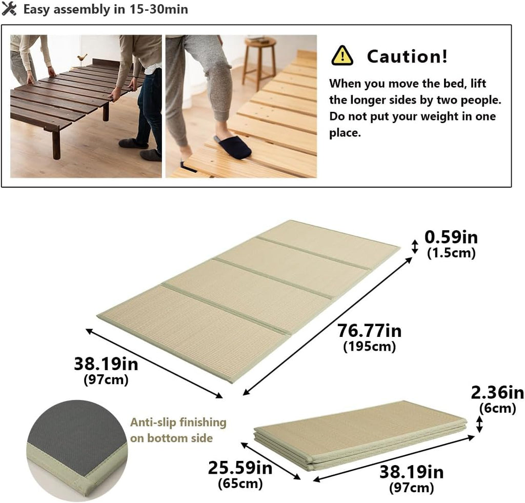 Wood Slatted & Tatami Floor Bed Frame for Japanese Futon Mattress Solid Pine (Retro-Brown), Height