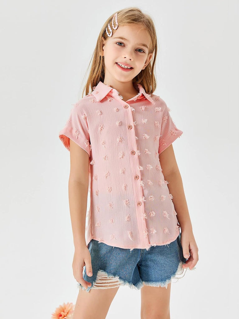 Girls Button Down Shirts Short Sleeve Kids Casual Chiffon Blouse Summer Tops T-Shirt