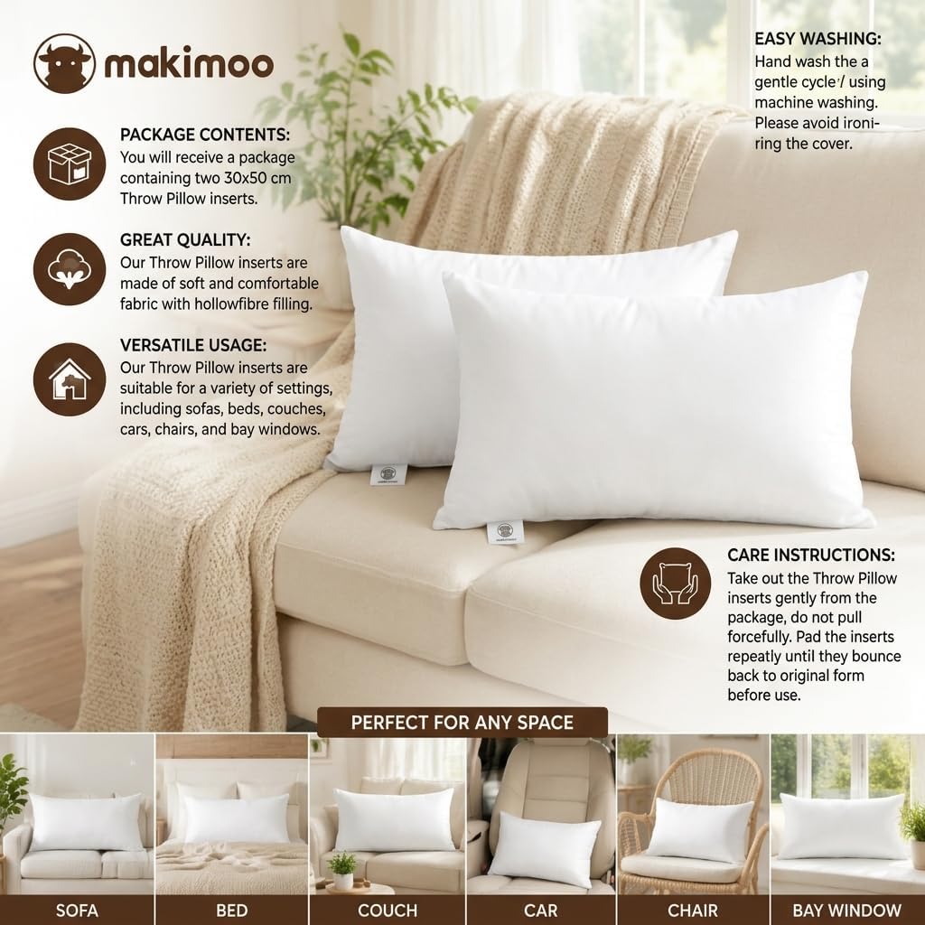 Throw Pillow Inserts 30 x 50cm (12" x 20"), Cushion Inserts, Hollowfibre Filling for Sofa, Bedding Cushion Pads (Pack - Set of 2