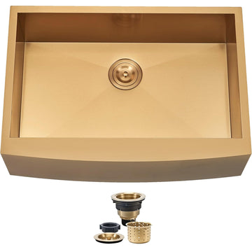 Gold Farmhouse Sink, 33 Inch Gold Stainless Steel Single Bowl Apron Front Undermount Farm Kitchen Sink with Drain