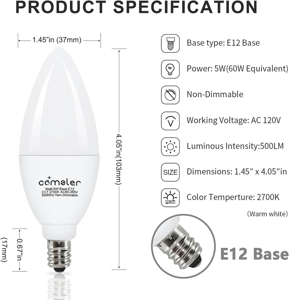 E12 LED Candelabra Light Bulbs 60W Equivalent 2700K Soft White