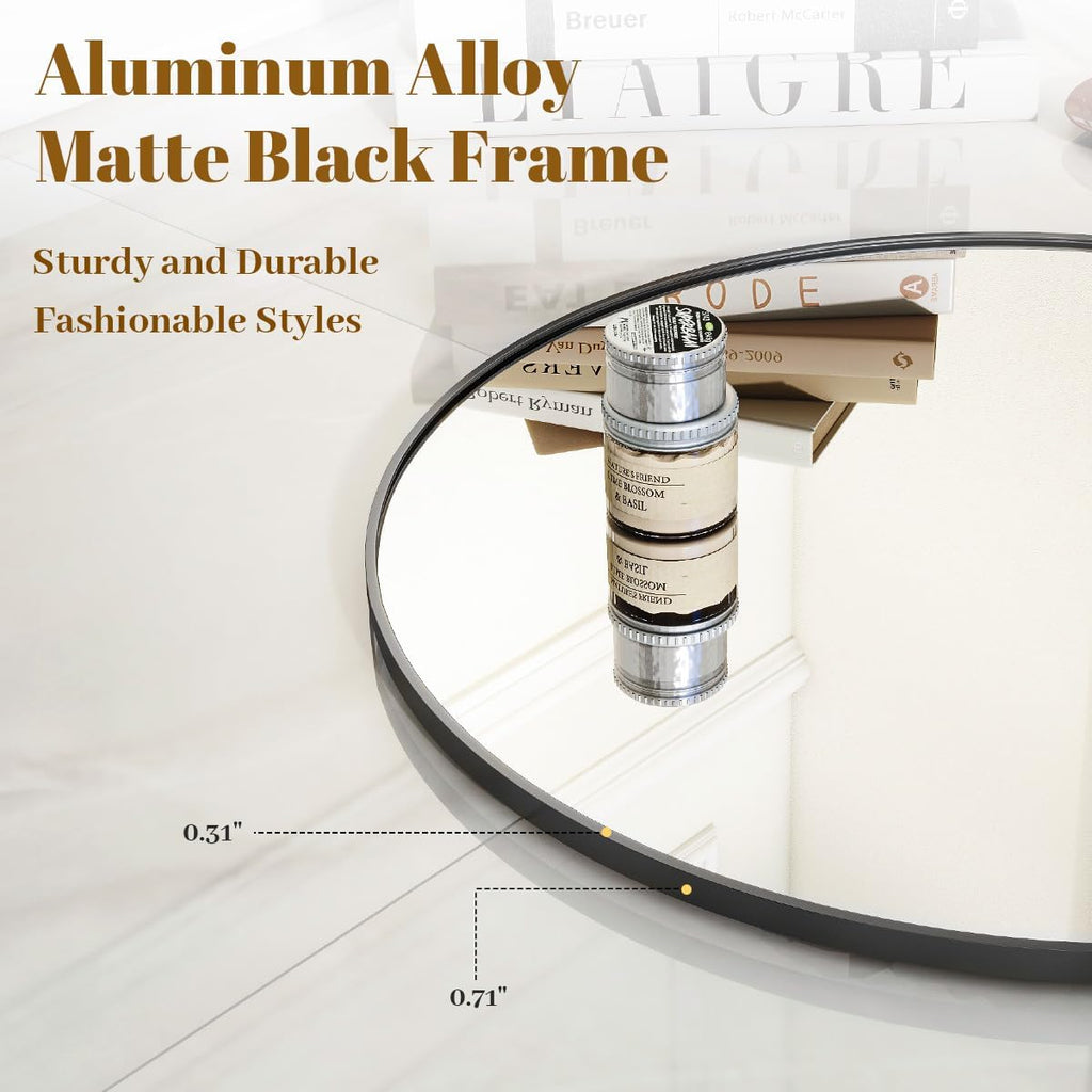 Black Round Bathroom Mirror 30", Thin Metal Frame Wall Mirror
