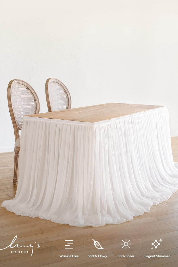White Table Skirt, 14FT Chiffon Desk Skirt for Wedding