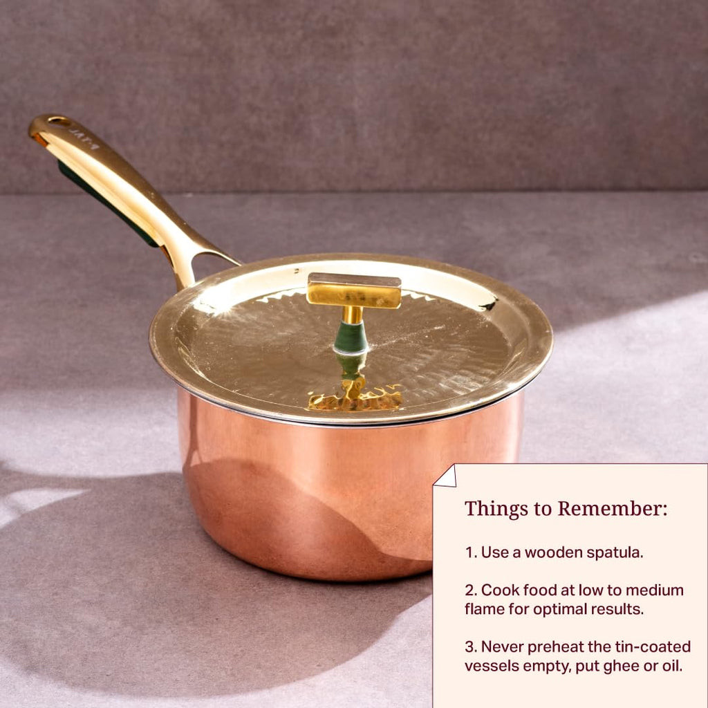 Pure Copper Saucepan with Brass Lid (1.8-Quart) - Handcrafted 100% Solid Copper Pan with Food-Safe Tin Lining