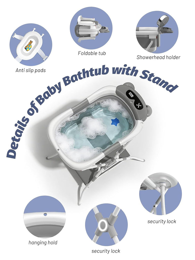 Bathtub with Stand, Foldable Metal Standing Baby Bath Tub, in-1 Anti-Slip Collapsible Tub with Cushion Storage Pad