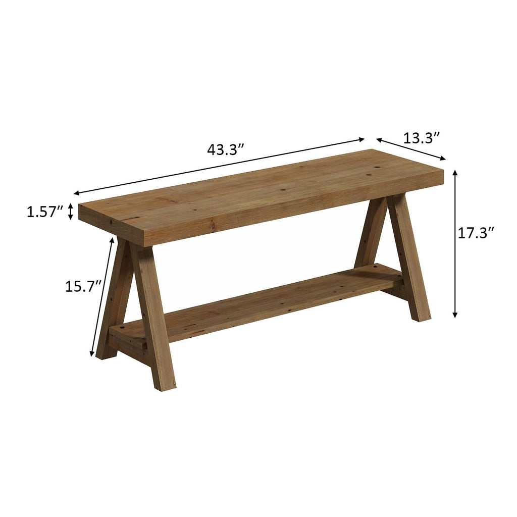 Solid Wood Bench, 43" Farmhouse Entryway Bench with Shoe Storage