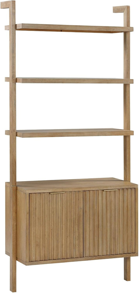 Jasper 3-Shelf Solid Wood Boho Bookshelf, Wall Mounted Bookshelf with Cabinet with Fluted Doors, Light Brown