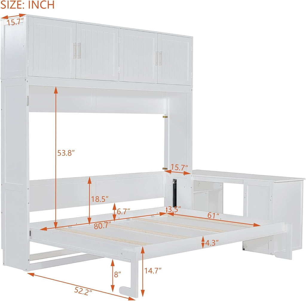 Queen Murphy Bed, Wooden Queen Wall Bed Frame with Desk and Storage Shelves and Big Cabinets, White