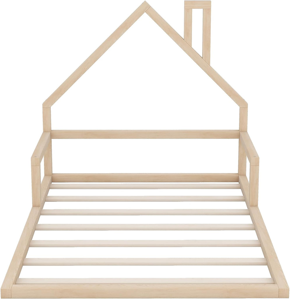 Full Floor Bed for Kids, Wood Full Bed for Kids, Kids bedframe with House-Shaped Headboard, Montessori Floor Beds