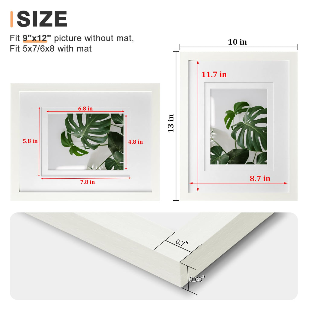 9x12 Picture Frames 4PCS Covered by Plexiglass, Wood Frames for Pictures 5x7/6x8 with Mat or 9x12 without Mat