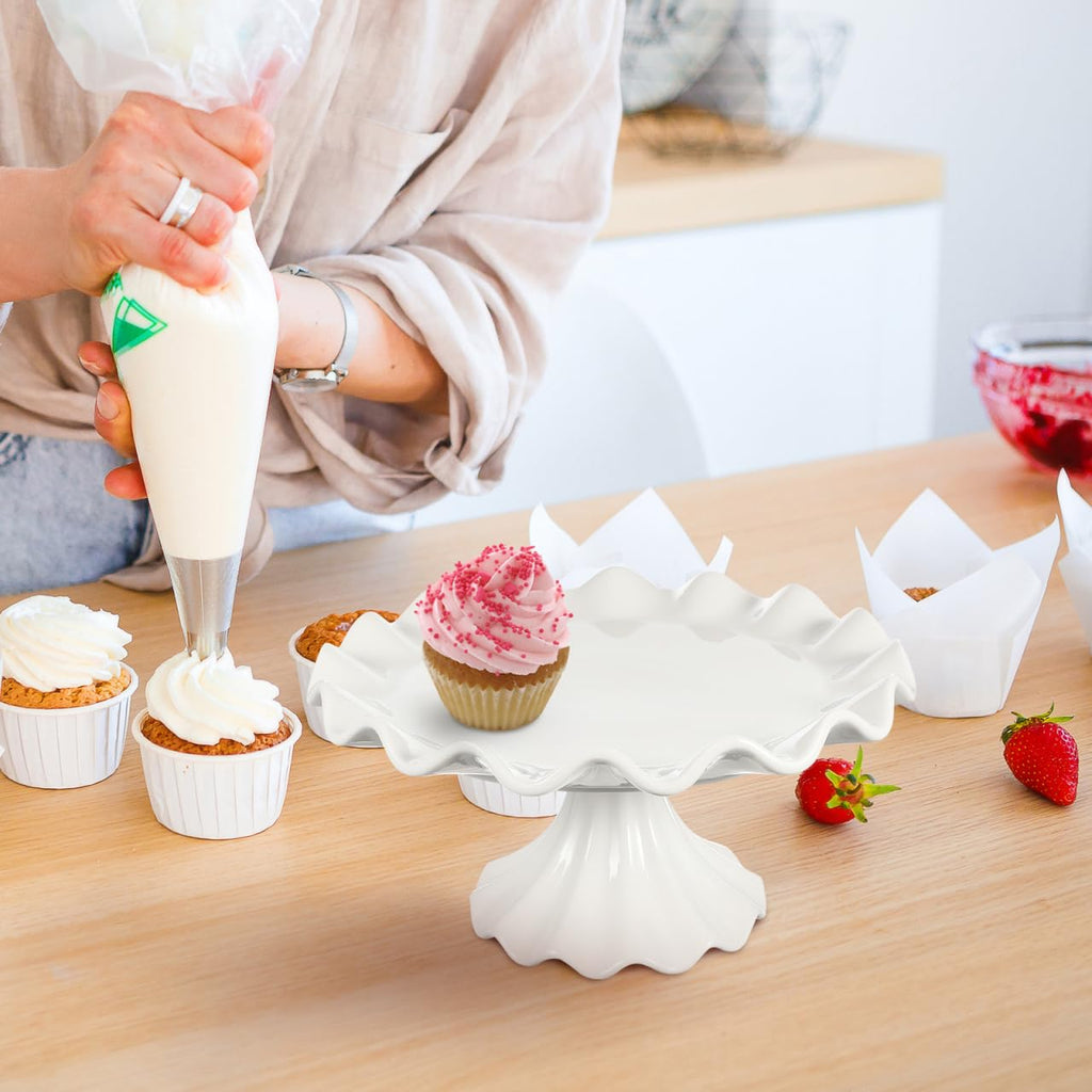 Ceramic Cake Stand 9.45 Inch Wavy Edge Pedestal Cupcake Stand for Parties Weddings Birthdays Elegant Ceramic Serving